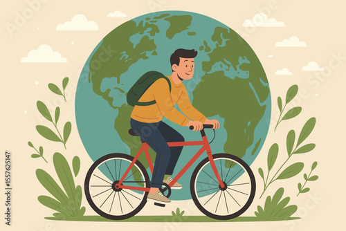 Eco-Friendly Commuting Concept. Young Man Riding Bicycle with Backpack in Nature. Sustainable Transportation, Green Lifestyle, Environmental Protection, Earth Globe Background. Vector Illustration