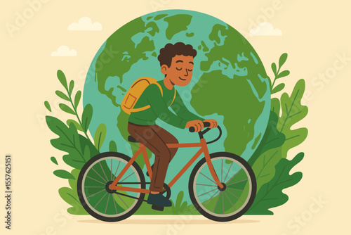 Eco-friendly commuter riding bicycle with backpack in front of globe, promoting sustainable transportation, environmental conservation, green travel, clean energy, healthy lifestyle concept vector