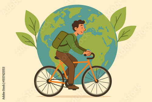 Sustainable transportation concept. Eco-friendly commuter riding bicycle with backpack in front of Earth globe and green leaves. Environmental awareness. Healthy lifestyle. Vector illustration