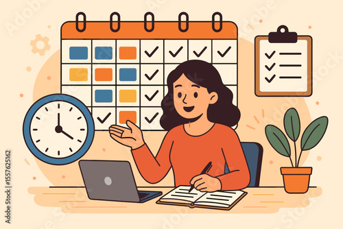 Time Management and Daily Planning Concept. Woman Scheduling Tasks with Calendar, Clock, Checklist, Laptop, and Notebook. Productivity, Organization, Time Blocking, Office Work Vector Illustration