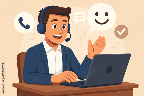 Professional customer support representative with headset providing excellent service and communication, online help desk, remote assistance, client care, vector cartoon illustration, office workspace