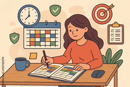 Time Management and Productivity Planning Concept. Cartoon Woman Organizing Schedule with Calendar, Planner, Checklist, Target, Clock, Time Blocking, Task Prioritization, Office Desk, Workspace