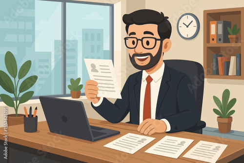 Businessman reviewing resumes during job interview process in modern office. HR manager evaluating candidates, recruitment, hiring, employment selection. Professional workplace vector illustration.