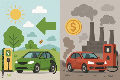 Electric car vs gasoline car comparison. Eco-friendly transportation, environmental pollution, renewable energy, green vehicle, fossil fuel, cost savings, charging station, vector illustration