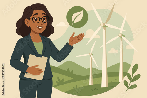 Confident businesswoman presenting sustainable wind energy solutions, renewable power, eco-friendly innovation, wind turbines, environmental conservation, green technology, clean energy landscape