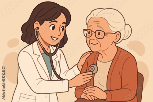 Compassionate female doctor caring for elderly patient, stethoscope exam, healthcare support, senior medical checkup, doctor-patient relationship, vector cartoon illustration, hospital clinic visit