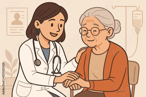 Compassionate female doctor comforting elderly patient in hospital. Medical care, support, empathy, trust, healthcare professional, geriatric medicine, consultation. Vector cartoon illustration.