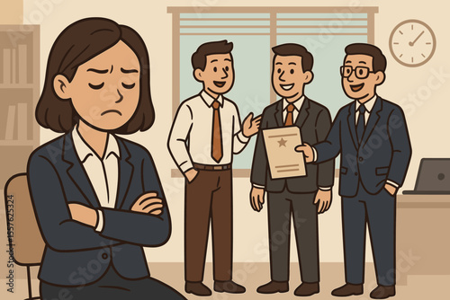 Businesswoman Overlooked for Promotion, Gender Discrimination in Corporate Office, Unfair Workplace Treatment, Male Colleagues Rewarded, Career Inequality, Vector Cartoon Illustration