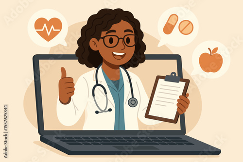 Telemedicine consultation with female doctor cartoon. Online healthcare advice, virtual medical checkup, healthy lifestyle tips, nutrition, medication, wellness, digital health vector illustration