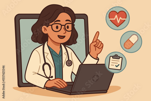 Female doctor giving online medical advice through laptop. Telemedicine consultation. Stethoscope, heart health, prescription, checklist. Virtual healthcare service vector illustration concept.