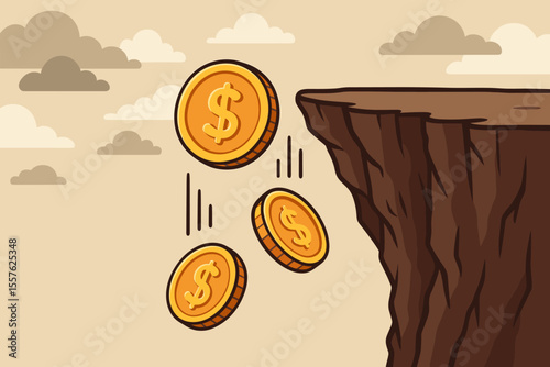 Economic crisis concept. Falling dollar coins off cliff edge. Financial loss, bankruptcy, market crash, investment risk, recession metaphor. Money disappearing. Vector cartoon illustration.