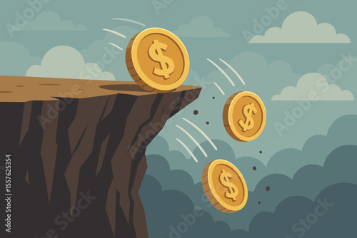 Financial crisis concept with falling dollar coins over cliff edge, economic downturn, money loss, bankruptcy risk, recession metaphor, investment failure, cartoon vector illustration