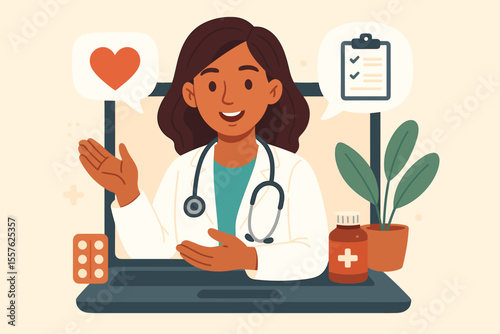 Female doctor online consultation vector. Telemedicine healthcare service. Medical advice by woman physician. Stethoscope, prescription, pills, heart care, laptop. Modern digital health illustration.