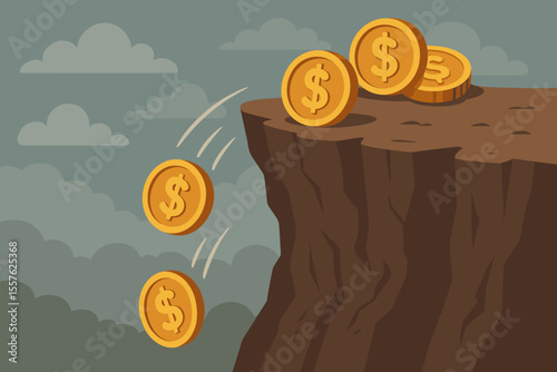 Economic crisis concept with gold dollar coins falling off cliff edge, financial loss risk metaphor, money decline, bankruptcy, recession, investment failure, cartoon vector illustration