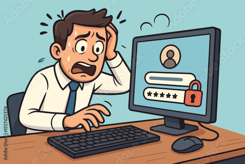 Stressed office worker sweating in panic at computer login screen, forgotten password, account lockout, cybersecurity problem, digital frustration, cartoon vector illustration, workplace anxiety