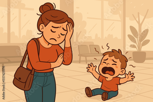 Stressed mother coping with child tantrum in public waiting area. Parenting frustration, emotional stress, discipline challenge. Cartoon vector illustration of family conflict, behavior issues