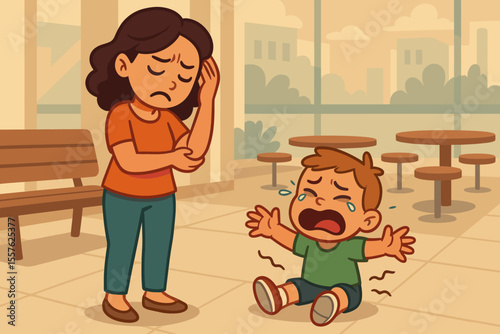 Stressed mother with upset child having tantrum in public place. Parenting challenge. Crying boy on floor. Emotional meltdown. Family stress. Difficult behavior. Vector cartoon illustration.