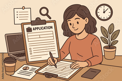 Woman Filling Out Job Application Form at Desk with Laptop, Coffee, Resume, Office Supplies, Clock and Plant. Job Search, Employment Process, Recruitment, Career Opportunity, Vector Illustration