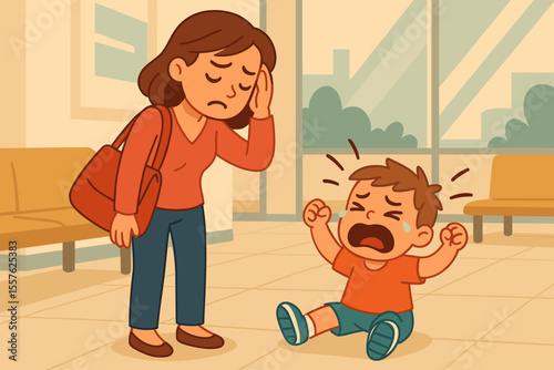 Stressed mother with upset child having tantrum in public waiting area. Parenting challenge, emotional stress, difficult behavior, crying kid, frustration, cartoon vector illustration, family conflict