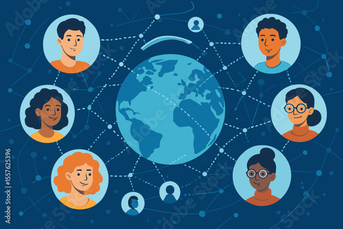 Global digital network of diverse people connected worldwide. Social media communication, online community, remote teamwork, international collaboration, internet technology concept illustration
