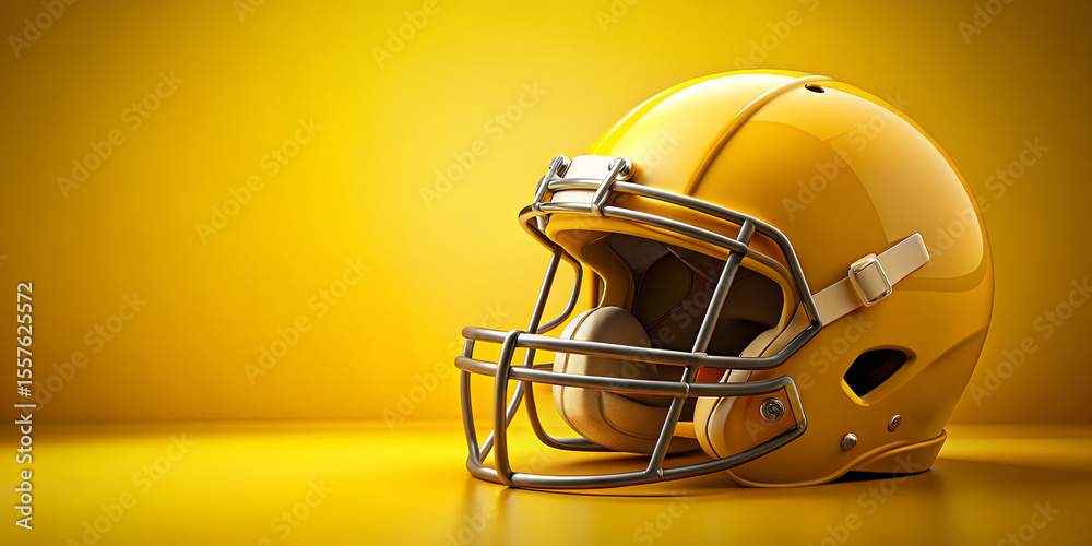 Fototapeta premium A shiny yellow football helmet is displayed prominently on a smooth yellow surface, highlighting its sleek design and protective features in a focused composition