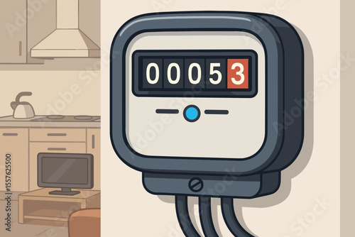 Digital electricity meter in modern home interior. Power consumption measurement device. Utility energy usage monitor. Electric meter box. Household energy efficiency. Vector cartoon illustration.