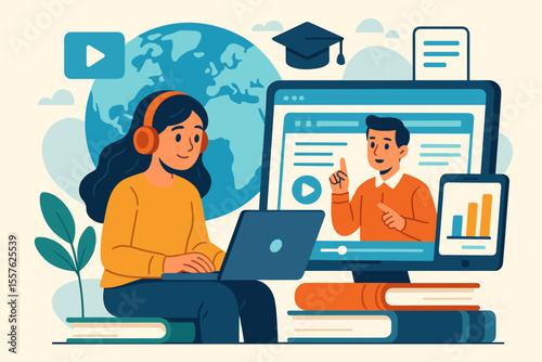 Online Education Platform Global E-Learning Distance Course Training Virtual Classroom Digital Resources Student Teacher Video Conference Remote Study Technology Vector Illustration