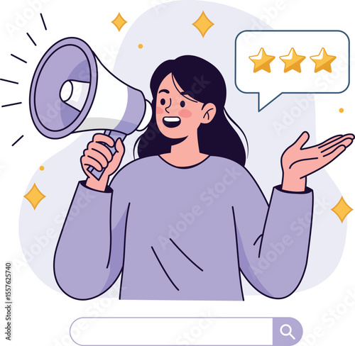 Customer Experience Communication: A digital illustration featuring a young woman holding a megaphone and speech bubble, with a 3-star rating, conveying communication and positive feedback.
