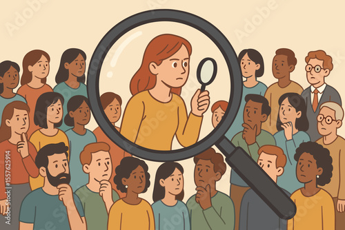 Magnifying glass highlighting individual in diverse crowd. Recruitment, talent search, individuality, job candidate selection, human resources, unique person, group analysis, vector illustration