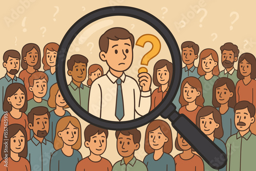 Magnifying glass highlighting confused man in crowd. Search for identity, individuality, recruitment, job candidate, question, uncertainty, decision making, human resources, vector illustration