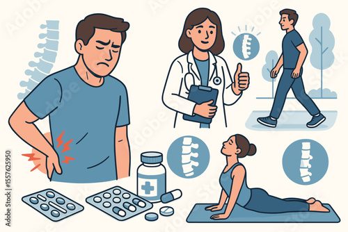 Lower back pain relief and prevention. Treatment options for spinal health including medication, physical therapy, yoga, walking, doctor consultation. Chronic pain management vector illustration.