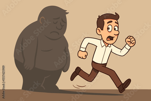Weight Loss Motivation Concept. Man Running Away from Overweight Sad Shadow. Transformation, Healthy Lifestyle, Fitness Journey, Overcoming Obesity, Self Improvement. Vector Cartoon Illustration