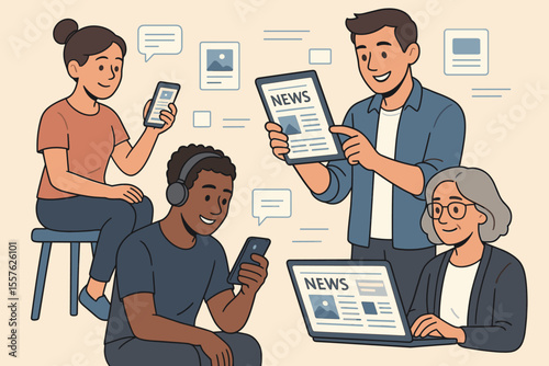 Diverse people reading digital news on smartphones, tablets, laptops. Modern media consumption, online information, social media updates, internet news, communication technology vector illustration