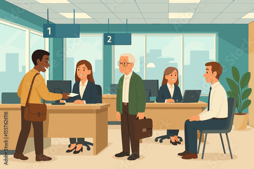 Modern bank office interior with employees assisting diverse customers, business people at service desks, financial transactions, customer service, corporate workspace, vector illustration