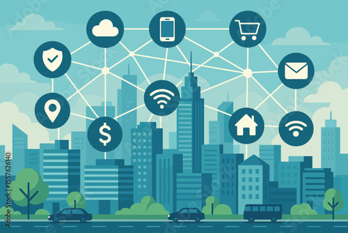 Smart city skyline with digital network connections, wireless internet, cloud computing, online shopping, fintech, smart home, cybersecurity, GPS, email, mobile technology, urban IoT vector