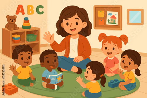 Kindergarten teacher reading story to diverse group of happy children, early childhood education, preschool classroom, learning, playtime, ABC, toys, cartoon vector illustration, nurturing kids