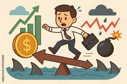 Businessman Balancing Financial Risk and Investment Growth. Cartoon Vector. Money Management, Market Volatility, Danger, Crisis, Success, Shark Infested Waters, Bomb, Graphs, Dollar Coin