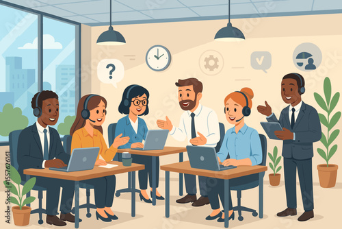 Diverse business team collaborating in modern open office, customer service support staff with headsets, teamwork, laptops, communication, corporate workspace, vector cartoon illustration