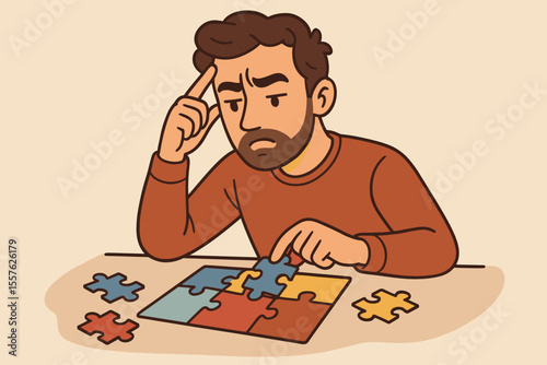 Thoughtful man solving jigsaw puzzle, assembling colorful pieces, finding solution, mental challenge, problem solving, critical thinking, strategy, concentration, vector cartoon illustration
