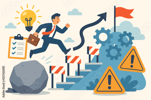 Businessman Overcoming Obstacles and Challenges to Achieve Success, Workflow Optimization, Productivity, Problem Solving, Goal Achievement, Motivation, Vector Illustration, Process Improvement