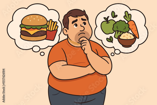 Overweight man choosing between fast food and healthy options. Diet decision concept. Junk food vs vegetables. Weight management dilemma. Nutrition, lifestyle, healthy eating vector illustration.