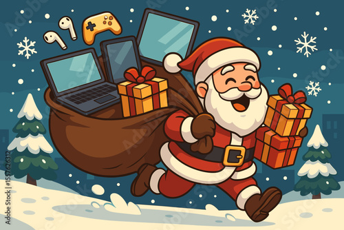 Santa Claus Delivering Modern Electronic Gifts Laptops Tablets Headphones Game Controller Christmas Presents Winter Snow Holiday Festive Cartoon Vector Illustration for Seasonal Promotions