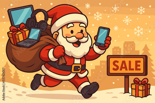 Santa Claus Delivering Electronics Gifts During Christmas Holiday Sale, Cartoon Vector Illustration with Laptops, Headphones, Presents, Winter Snow Scene, Shopping, Festive Season Celebration