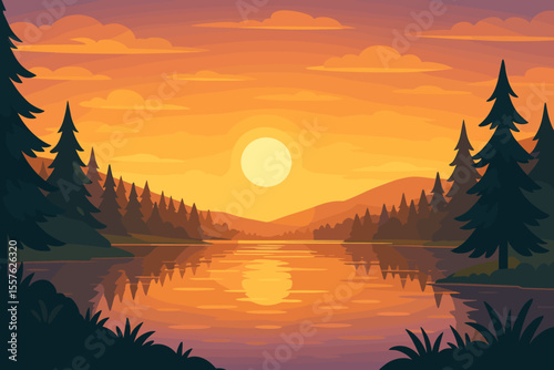 Peaceful Sunset Over Forest Lake With Reflections. Tranquil Nature Landscape. Pine Trees Silhouette, Calm Water, Mountains, Orange Sky. Vector Illustration For Relaxation, Adventure, Outdoors, Camping