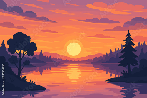 Idyllic sunset landscape over calm lake with vibrant orange sky, peaceful water reflections, silhouetted pine trees, hills, clouds. Tranquil nature vector illustration, serene evening scenery