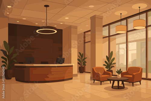 Modern Luxury Hotel Lobby Reception Area Interior. Sleek Front Desk, Comfortable Lounge Chairs, Elegant Lighting, Potted Plants, Large Windows. Contemporary Hospitality Vector Illustration