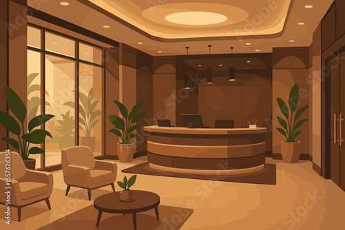 Modern luxury hotel lobby reception area vector. Sleek front desk, contemporary waiting lounge with armchairs, indoor plants, warm lighting. Elegant business office entrance cartoon illustration