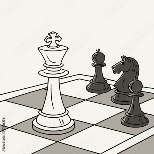 Checkmate Chess Position White King on Gray and White Checkerboard Black Pieces Knight Bishop Pawn queen