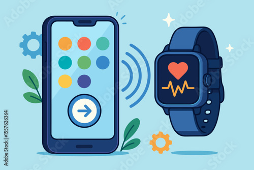 Modern smartphone and smartwatch synchronization concept. Wireless health monitoring, fitness tracking, mobile app interface, wearable technology, heart rate sensor. Vector cartoon illustration