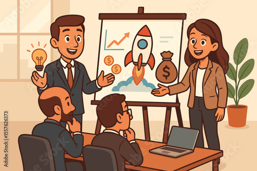 Business team pitching startup investment to venture capital investors. Cartoon vector illustration of entrepreneurs presenting rocket launch, growth chart, money bag, innovation, finance concept